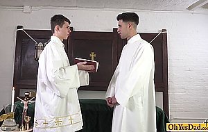Twink fills his mouth with old priests cock and fucked