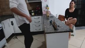 She had anal sex with the bartender hidden in the pantry.