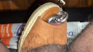 Huge cock man in 8mm piercings with big balls chained to a lock - hairy man edition