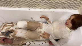 Messy white outfit! Pants filling! Over the head too!