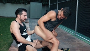 HotHouse.com - Hairy in shorts licks big dick outdoors