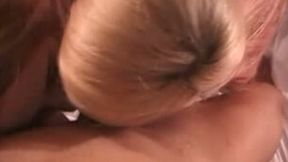 Two pretty teenage girls suck one hard dick together