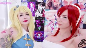 Two cosplay babes fuck with huge dildos in cartoon fantasy