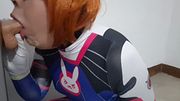 Femboy with Dva Cosplay and BDSM Nosehook Giving a Blowjob, Eating Cum and Deepthroat to Big Dildo