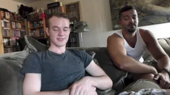 Blond Silver Fox Johnny Teases Tattooed Twink with Huge Cock at Orgy