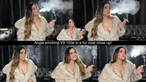 Angie smoking VS 120s in a fur coat close up!