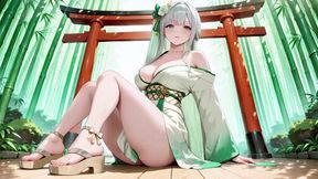 Silver-haired Geisha in the Bedroom! Lazy Legs Lifting Hem, the Green White Combo Is so Wet!