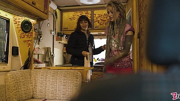 Roadtrip Tattooed Girl Fucks a Girl ANAL with a Big Toys in vintage Talbot Express