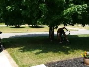 Mowing the lawn in short shorts