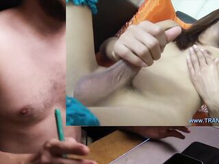 Oriental trans masturbates her massive dick