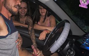 Two Hot Girls Caught Him Masturbating Inside the Car and Helped Him Cum