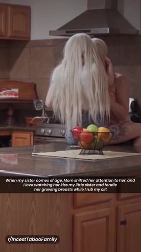Curious mom catches daughters in lesbian kitchen table taboo play