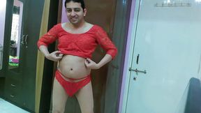 Cute sissy crossdresser femboy Sweet Lollipop in a crop top and pantie.