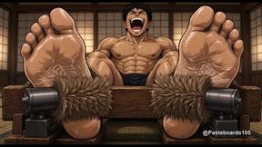 Dojo Discipline - Barefoot Jocks In The Stocks, Soles Up (2D Anime Bara)