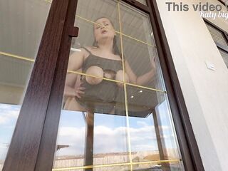 Sexy stepmom washes windows in a constricted suit, stepson bangs in the booty from behind whilst no one sees