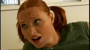 Teen in Mini-Skirt With Long Red Hair Thrills During Hot Threesome Action