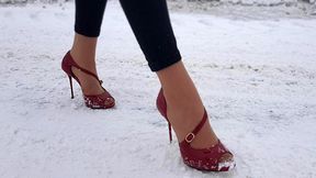 High heels walking in snow, high heels sliding on ice and slipping on snow