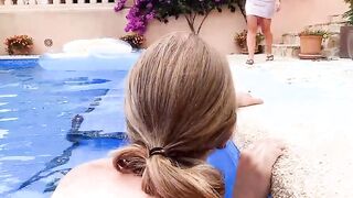 German slender amateur barely legal do ffm 3-way public in the pool point of see