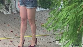 Tan Sock Goddess Teases in Red Heels & Dangling Shoe Play Bunion Worship & Denim Unbuttoning