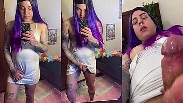 Trans girl shows off her big dick and cumming it deliciously