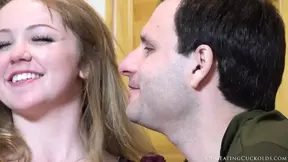 Hairy pussy wife swallows hubby's small cock during cuckolding