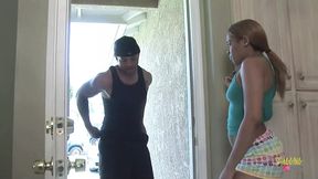 Black babe moans while getting her tight cunt plowed by a