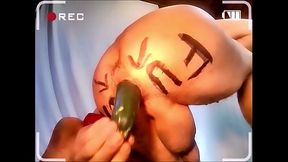 naked pathetic white slave with tiny uncut penis, humiliating body writing, stretch his cunt with cucumber fuck and brush in gay ass, CMNM