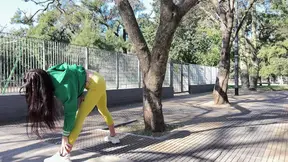 Een beroemde fitnesstrainer begint zijn gang te gaan met een hete meid in het park.