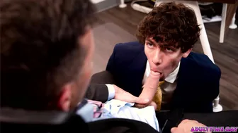 Muscular office hunk gets his big dick out for a handjob