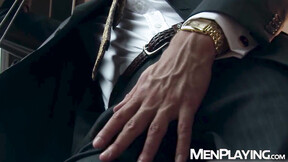 Straight suited Will Iden tugs his heavy shaft until he explodes