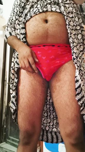 Sissy gauri cums in red panty and dress