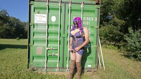 Gigantic fake tits crossdresser in lingerie masturbating outside