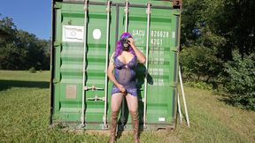 Gigantic fake tits crossdresser in lingerie masturbating outside