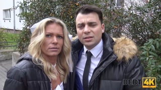 DEBT4k. Curly blonde is enjoying sex while cuckold groom is watching