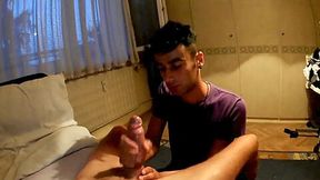 Helping hand for friend (jerking, balls massage, cum tasting)