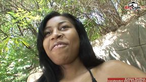 Black babe with small tits enjoys white cock