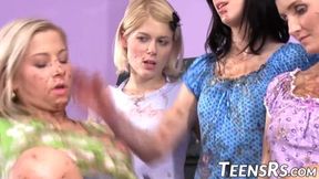 Young stud gets gangbanged by 18yo and 19yo vixens