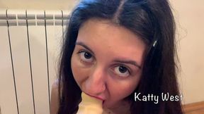 beauty katty west in red lingerie sucks and fucks herself with a big dildo