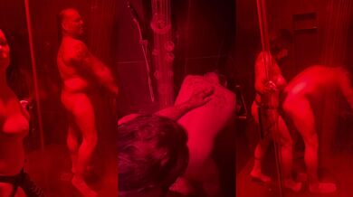 Brunette wife in shower pegs then fists her husband raw and hard
