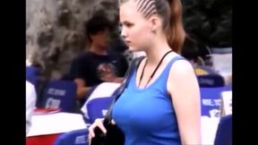 Candid boobs: slim busty white women (blue tops) 5