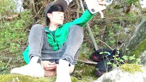 Risky Masturbation Outdoors a Man's Voice Caught This Cute Gay Twink with His Balls Hanging Out, Jerking off His Uncut Foreskin