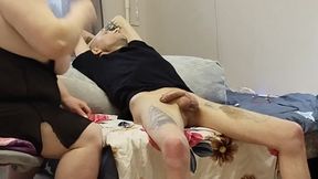 mother-in-law milks dick then does a deep blowjob