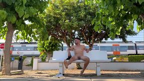 Fully naked on a park bench while train is passing by