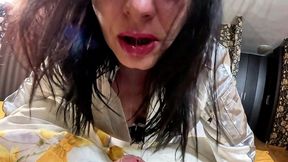 shiny robot suit, drooling blowjob & gagging play – cum on my bomber jacket