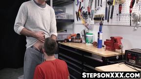 Bareback breeding in the workshop with jock stepson and daddy
