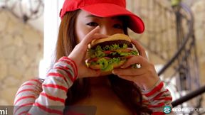 Busty Asian natural Hitomi puts the hooters in Hooter's