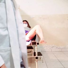 The doctor performs a gynecological exam on a female patient, he puts his finger in her vagina and gets excited