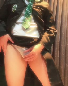 Cute Slytherin's femboy in white panties playing with her wand