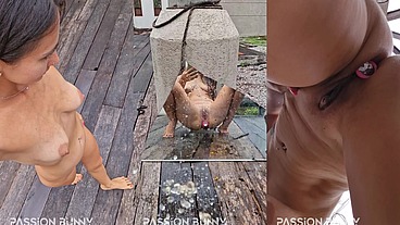 Beauty and risky public walking with plug and pissing