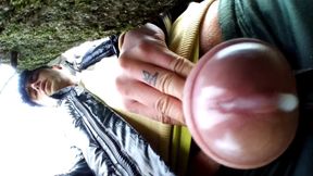 Close up Cum Behind Tree in Park and Rubbing Cum on Camera Lens with Glans